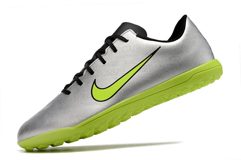 Chuteira Infantil Society Nike Mercurial Vapor 15 Club TF Prata e Verde "Anniversary 25 Years"